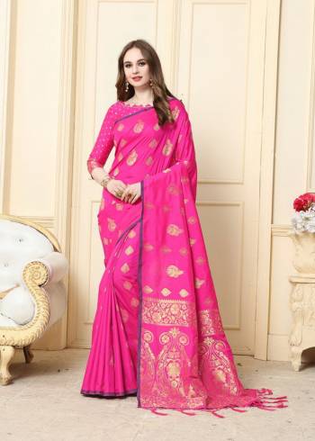 Look Attractive Wearing This Dark Colored Saree Paired With Maching Colored Blouse.  This Heavy Designer Saree Is Cotton Silk Based Weaving Jacquard Rich Pallu Which Gives A Rich Look To Your Personality. Buy This Pretty Saree Now.