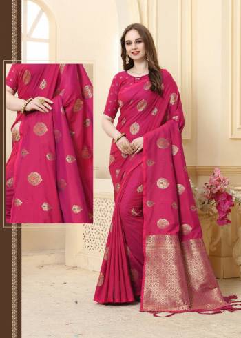 Look Attractive Wearing This Dark Colored Saree Paired With Maching Colored Blouse.  This Heavy Designer Saree Is Cotton Silk Based Weaving Jacquard Rich Pallu Which Gives A Rich Look To Your Personality. Buy This Pretty Saree Now.