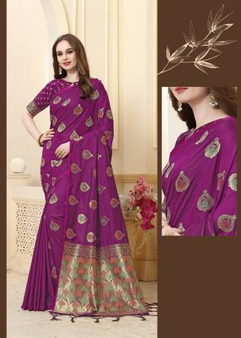 Look Attractive Wearing This Dark Colored Saree Paired With Maching Colored Blouse.  This Heavy Designer Saree Is Cotton Silk Based Weaving Jacquard Rich Pallu Which Gives A Rich Look To Your Personality. Buy This Pretty Saree Now.