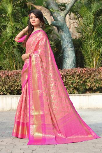 Celebrate This Festive Season In This Very Pretty Colored Designer Saree Paired With Pallu Contrasting Colored Blouse. This Saree and Blouse Kanjivaram Silk Based Beautified Weaving Jacquard Jari Rich Pallu Saree. 