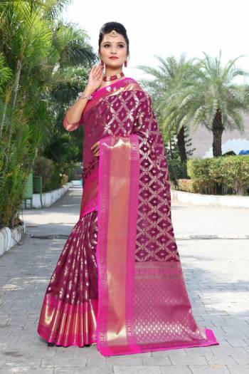 Celebrate This Festive Season In This Very Pretty Colored Designer Saree Paired With Pallu Contrasting Colored Blouse. This Saree and Blouse Kanjivaram Silk Based Beautified Weaving Jacquard Jari Rich Pallu Saree. 