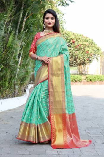 Celebrate This Festive Season In This Very Pretty Colored Designer Saree Paired With Pallu Contrasting Colored Blouse. This Saree and Blouse Kanjivaram Silk Based Beautified Weaving Jacquard Jari Rich Pallu Saree. 