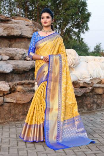 Celebrate This Festive Season In This Very Pretty Colored Designer Saree Paired With Pallu Contrasting Colored Blouse. This Saree and Blouse Kanjivaram Silk Based Beautified Weaving Jacquard Jari Rich Pallu Saree. 