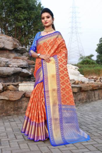 Celebrate This Festive Season In This Very Pretty Colored Designer Saree Paired With Pallu Contrasting Colored Blouse. This Saree and Blouse Kanjivaram Silk Based Beautified Weaving Jacquard Jari Rich Pallu Saree. 