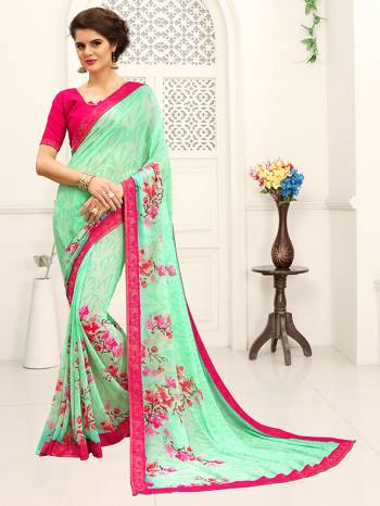 Look Attractive Wearing This Coloithred Saree Printed Paired With Blouse.  This Heavy Designer Saree Is Georgette Based & Benglori Silk Based Blouse With Lace Border Which Gives A Rich Look To Your Personality. Buy This Pretty Saree Now.