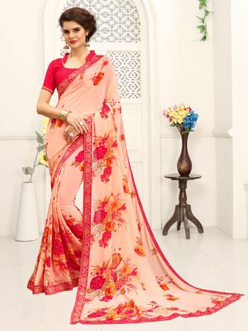 Look Attractive Wearing This Coloithred Saree Printed Paired With Blouse.  This Heavy Designer Saree Is Georgette Based & Benglori Silk Based Blouse With Lace Border Which Gives A Rich Look To Your Personality. Buy This Pretty Saree Now.