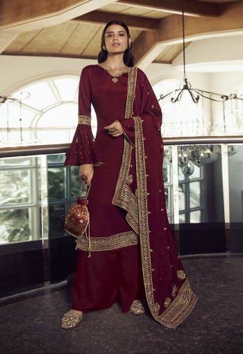 Flaunt Your Rich and Elegant Taste Wearing This Designer Heavy Straight Cut Suit In Dark Color. Its Lovely Heavy Embroidered Top Is Fabricated On Chinon Silk Paired With Santoon Bottom And Chinon Fabricated Dupatta With Lace Border Embroidery. Buy This Elegant Designer Piece Now. 