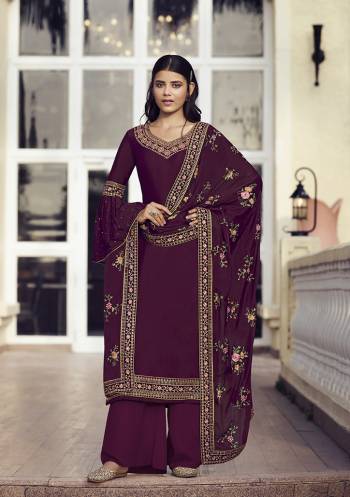 Flaunt Your Rich and Elegant Taste Wearing This Designer Heavy Straight Cut Suit In Dark Color. Its Lovely Heavy Embroidered Top Is Fabricated On Chinon Silk Paired With Santoon Bottom And Chinon Fabricated Dupatta With Lace Border Embroidery. Buy This Elegant Designer Piece Now. 