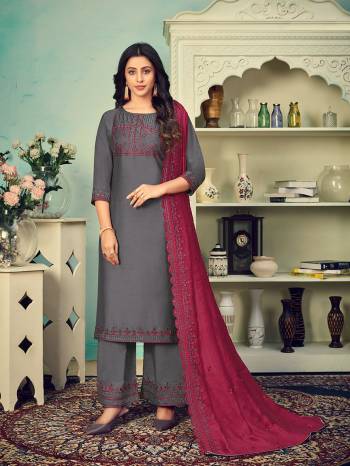 Here Is A Beautiful Heavy Designer Suit In All Over Color. Its Heavy Embroidered Top And Bottom Are Chinon Based Paired With Stiched And Gadwal Cotton Dupatta Are Embroidered. Its Fabrics Are Light Weight And Easy To Carry All Day Long. 