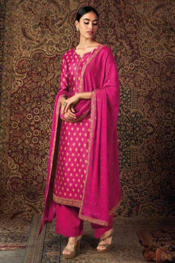 Pink Jam Silk pakistani style straight salwar kameez. The floral Foil Print , lace multi embroidered work lace and resham work Comes with matching bottom and Nazneen embroidered lace and diamond work dupatta