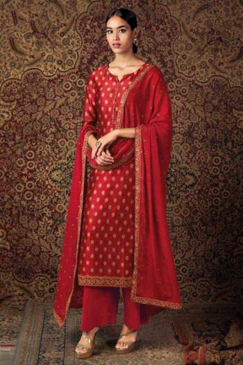 Red Jam Silk pakistani style straight salwar kameez. The floral Foil Print , lace multi embroidered work lace and resham work Comes with matching bottom and Nazneen embroidered lace and diamond work dupatta