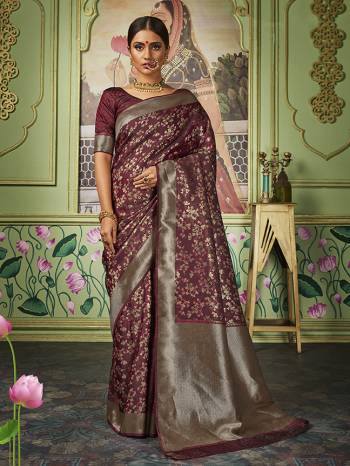 Celebrate This Festive Season In This Very Pretty Pistel Colored Designer Saree Paired With Contrasting Colored Blouse. This Saree and Blouse Are Banarasi Silk Based Beautified Wevon Jacquard Designer Saree. 