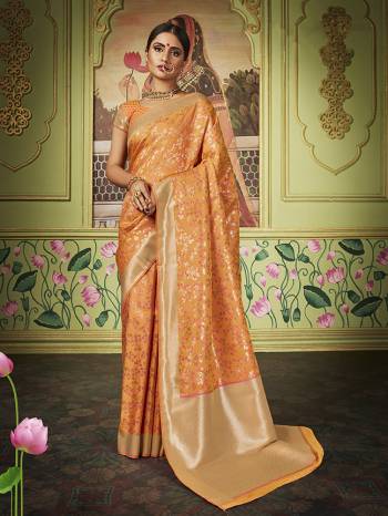 Celebrate This Festive Season In This Very Pretty Pistel Colored Designer Saree Paired With Contrasting Colored Blouse. This Saree and Blouse Are Banarasi Silk Based Beautified Wevon Jacquard Designer Saree. 