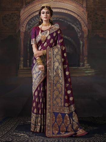 Look Attractive Wearing This Colored Saree Paired With Maching Colored Blouse.  This Heavy Designer Saree Is Banarasi Silk Based Which Gives A Rich Look To Your Personality. Buy This Pretty Saree Now.