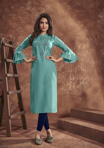 Grab This Readymade Long Kurti In Fine Color Fabricated On Cotton Beautified With Designer Embroidery And Baloon Slives. It Is Light In Weight And Easy To Carry All Day Long. 