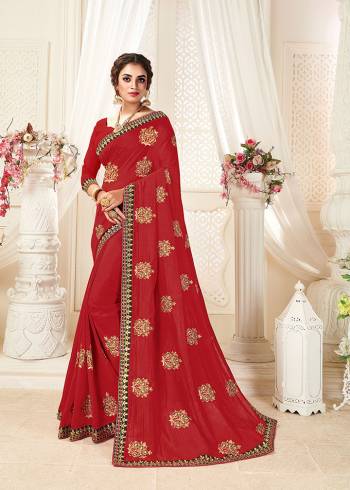 Grab This Pretty Elegant Looking Designer Saree In Paired With Blouse. This Saree And Blouse Are Vichitra Silk Based Beautified With Embroidery. Buy Now.