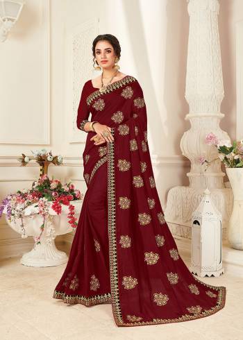 Grab This Pretty Elegant Looking Designer Saree In Paired With Blouse. This Saree And Blouse Are Vichitra Silk Based Beautified With Embroidery. Buy Now.