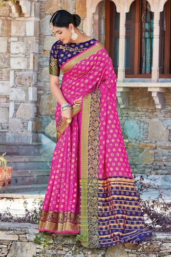 Grab This Pretty Elegant Looking Designer Saree In With Contrasting Colored Blouse. This Saree And Blouse Are Handloom Silk Based Beautified With Wevon Jari Jacquard And Stone Work. Buy Now.