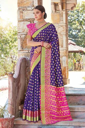 Grab This Pretty Elegant Looking Designer Saree In With Contrasting Colored Blouse. This Saree And Blouse Are Handloom Silk Based Beautified With Wevon Jari Jacquard And Stone Work. Buy Now.