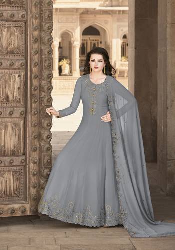 Grab This Heavy Designer Floor Length Suit Is In Attractive Pastel Grey Color. Its Heavy Embroidered Top Is Fabricated On Soft Georgette Paired With Dull Santoon Bottom And Soft Georgette Fabricated Dupatta. Buy This Lovely Embroidered Floor Length Suit Now