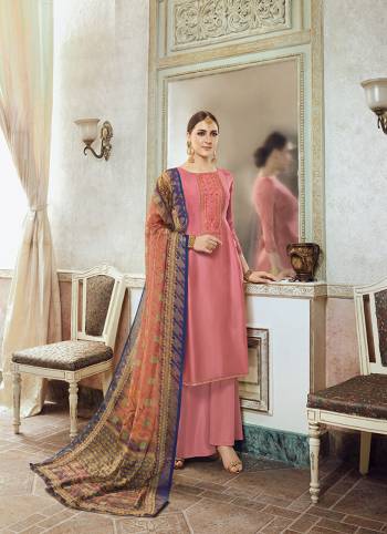 Simple And Elegant Designer Suit Is Here In Embroidery Work with Digital Prints With Mukeish Work In Dupatta. This Suit Is In All Over Base Color Whose Top Is Satin Georgette Based Paired With Santoon Bottom And Brasso Fabricated Dupatta. 