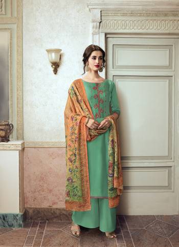 Simple And Elegant Designer Suit Is Here In Embroidery Work with Digital Prints With Mukeish Work In Dupatta. This Suit Is In All Over Base Color Whose Top Is Satin Georgette Based Paired With Santoon Bottom And Brasso Fabricated Dupatta. 