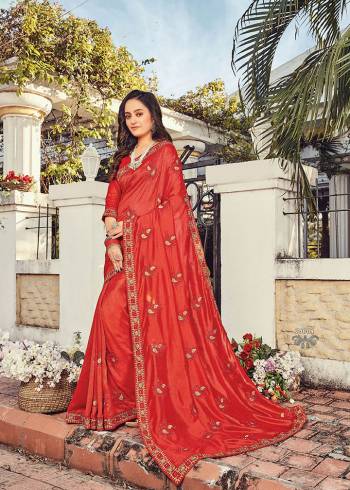 Celebrate This Festive Season In This Very Pretty Designer Saree Paired With Blouse. This Saree Vichitra Silk and Blouse Are Silk Based Beautified With Detailed Embroidery. 