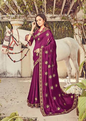 Celebrate This Festive Season In This Very Pretty Designer Saree Paired With Blouse. This Saree Vichitra Silk and Blouse Are Silk Based Beautified With Detailed Embroidery. 