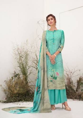 Grab This Pretty Digital Printed With Embroidery Dress Material In Mint Color. Its Top Are Fabricated On Muslin Paired Bottom Are Santoon With Chinon Fabricated Dupatta. Get This Stitched As Per Your Desired Fit And Comfort