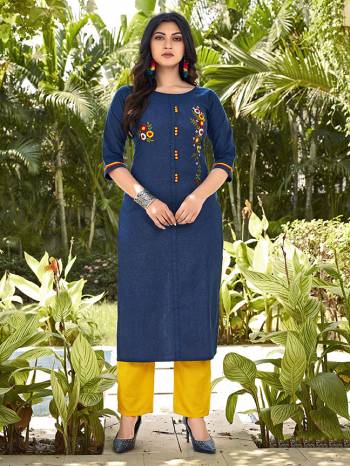 Grab This Readymade Long Kurti With Pant In Fine Color Fabricated On Cotton Beautified With Hand Embroidery Work. It Is Light In Weight And Easy To Carry All Day Long. 