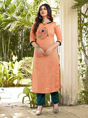 Grab This Readymade Long Kurti With Pant In Fine Color Fabricated On Cotton Beautified With Hand Embroidery Work. It Is Light In Weight And Easy To Carry All Day Long. 