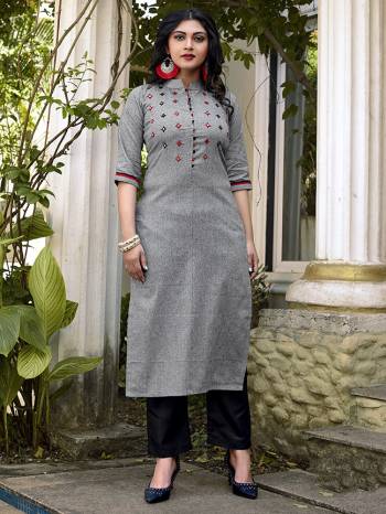 Grab This Readymade Long Kurti With Pant In Fine Color Fabricated On Cotton Beautified With Hand Embroidery Work. It Is Light In Weight And Easy To Carry All Day Long. 