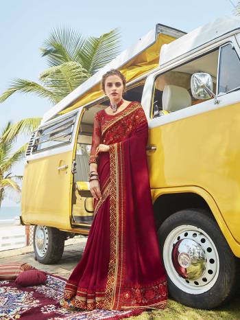 Celebrate This Festive Season In This Very Pretty Colored Designer Saree Paired With Maching Colored Blouse. This Saree Vichitra Silk and Blouse Art Silk Based Beautified With Detailed Embroidery Lace Border And Blouse Work. 