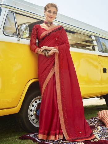 Celebrate This Festive Season In This Very Pretty Colored Designer Saree Paired With Maching Colored Blouse. This Saree Vichitra Silk and Blouse Art Silk Based Beautified With Detailed Embroidery Lace Border And Blouse Work. 