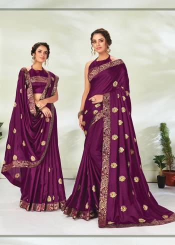 Celebrate This Festive Season In This Saree Paired with Blouse. This Saree Are Vichitra Silk and Blouse Are Art Silk Based Beautified With Detailed Embroidery Butta With Broket Border. 