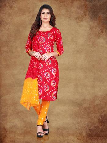 Simple Dress Material Is Here For Your Casual Wear In Bandhej Printed Top Paired With Contrasting Colored Bottom And Dupatta. Its Top Is Fabricated On Cotton Paired With Cotton Bottom And Cotton Dupatta. Its Fabric Is Durable And Easy To Care For. 

