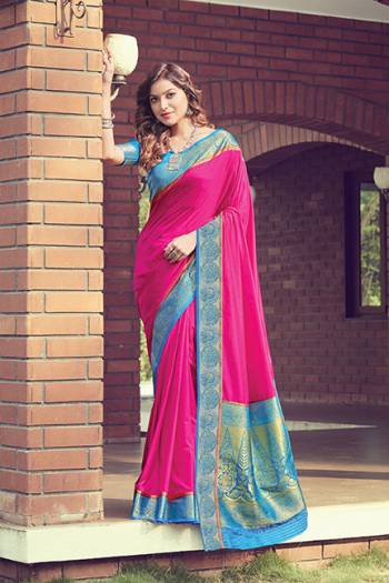 Look Attractive Wearing This Dark Colored Saree Paired With Contrasted Colored Blouse.  This Heavy Designer Jari Jacquard Wevon Saree Is Silk Based Which Gives A Rich Look To Your Personality. Buy This Pretty Saree Now.