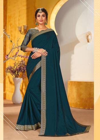 Adorn The Pretty Angelic Look Wearing This Designer Broket Border And Blouse Saree In Rama Color Paired With Rama Colored Blouse. This Saree Is Fabricated On Vichitra Silk Paired With Broket Fabricated Blouse. Its Pretty Color Pallete Will Give An Attractive Look To Your Personality. 