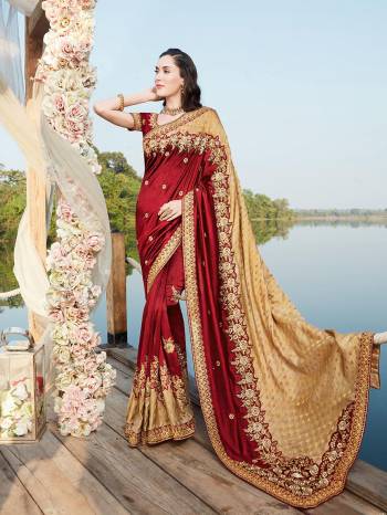 Celebrate This Festive Season In This Very Pretty Colored Designer Cut Peach Saree Paired With Contrasting Colored Blouse. This Saree and Blouse Blooming Vichitra With Viscose  Based Beautified With Detailed Embroidery. 