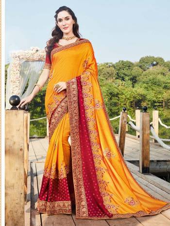 Celebrate This Festive Season In This Very Pretty Colored Designer Cut Peach Saree Paired With Contrasting Colored Blouse. This Saree and Blouse Blooming Vichitra With Viscose  Based Beautified With Detailed Embroidery. 