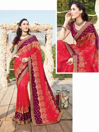 Celebrate This Festive Season In This Very Pretty Colored Designer Cut Peach Saree Paired With Contrasting Colored Blouse. This Saree and Blouse Blooming Vichitra With Viscose  Based Beautified With Detailed Embroidery. 