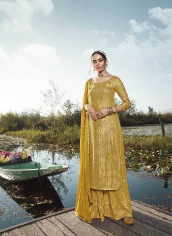Attract All Wearing This Designer Suit In Golden Color. Its Pretty Top Is Fabricated On Georgette Paired With Georgette Fabricated Bottom and Georgette Dupatta. This Suit's Top, Bottom And Dupatta Are Beautified With Detailed Heavy Embroidery And Diamond Work. Buy This Pretty Piece Now.