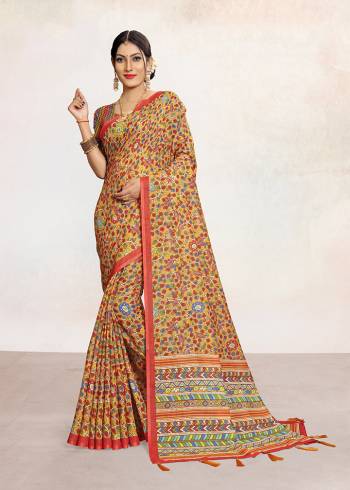 Look Attractive Wearing This Colored Saree Paired With Contrsted Colored Blouse.  This Printed Saree Is Linen Based Which Gives A Rich Look To Your Personality. Buy This Pretty Saree Now.