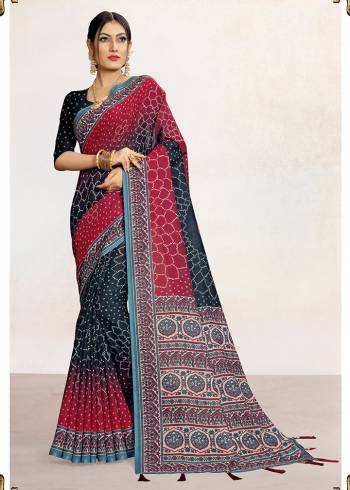 Look Attractive Wearing This Colored Saree Paired With Contrsted Colored Blouse.  This Printed Saree Is Linen Based Which Gives A Rich Look To Your Personality. Buy This Pretty Saree Now.