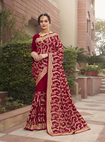 Celebrate This Festive Season In This Very Pretty Maroon Colored Designer Saree Paired With Blouse. This Saree and Blouse Are Vichitra Silk Based Beautified With Detailed Heavy Embroidery And Diamond Work. 