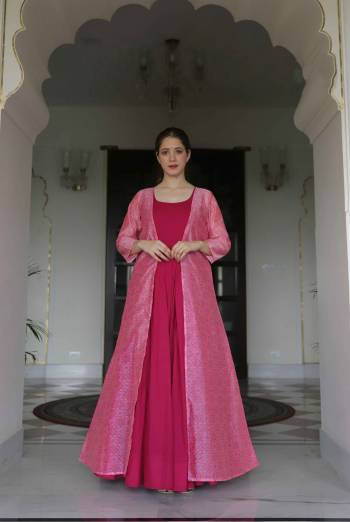 Flaunt Your Rich And Elegant Taste Wearing This Designer Readymade Long Gown In Rani Color And Jacket In Salmon Pink Color. This  Pretty Gown Is Fabricated On Maslin Beautified And Jacket Is Chanderi Silk Are Digital Print . Its Fabric Is Soft Towards Skin And Easy To Carry All Day Long. 