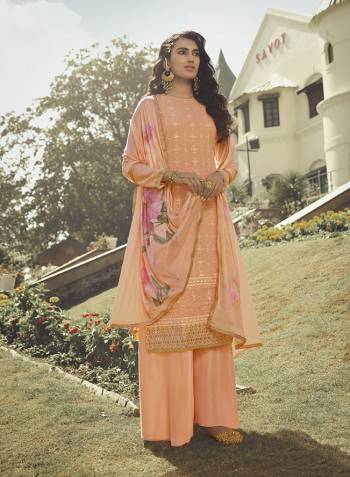 Look Pretty This Designer Long Suit In Lovely Peach Color.?Its Pretty Embroidred,Lakhnovi Work And Ston Work Top Is Georgette Based Paired With Santoon Bottom And Georgette Fabricated Digital Print Dupatta Which Gives An Attractive To The Suit.