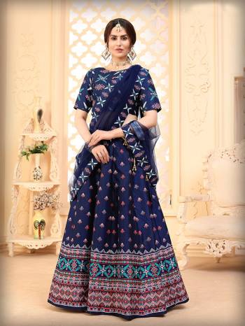 Fancy Designer Lehenga Choli In Nevy Blue Color Fabricated On Art Silk Beautified With Attractive Digital Printed And Dupatta In Nevy Blue Color On Net Fabricated. 