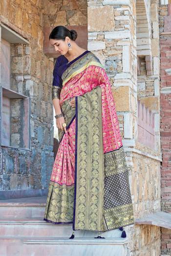 Celebrate This Festive Season In This Very Pretty Colored Designer Saree Paired With Contrasting Colored Blouse. This Saree and Blouse Silk Based Beautified With Detailed Wevon Jari Jacquard Work. 