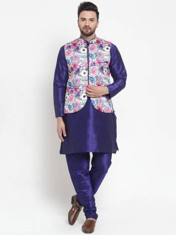 Here Is A Rich And Decent Looking Readymade Pair Of Men's Kurta Pyjama With Jacket. This Kurta And Pyjama Are Fabricated On Raw Silk Paired With Satin Printed Fabricated Jacket. Buy This Pair For The Upcoming Wedding And Festive Season. 

